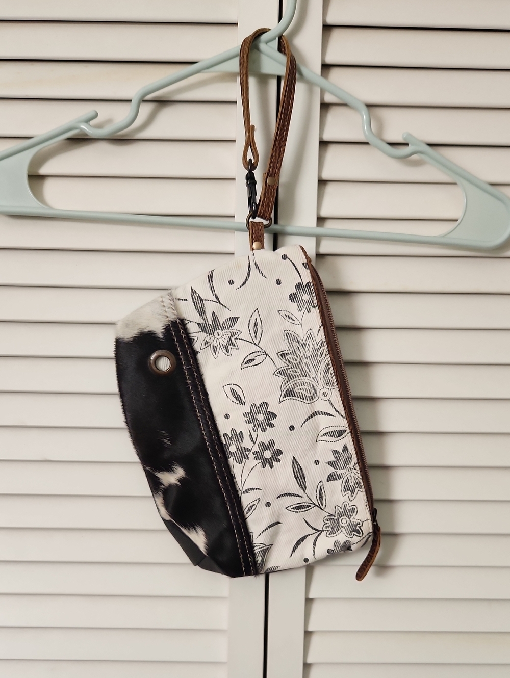 Myra Bag White Canvas Floral Wristlet with Black Cowhide Accent